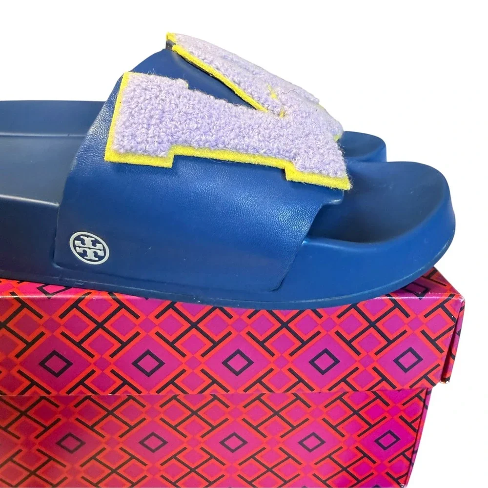 Tory Burch Love Slide Blue Wash Lavender Chenille Patch Platform Sandals  8